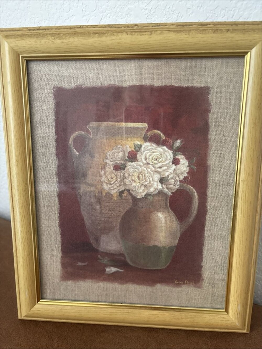 Vivian Flasch White Roses w/2 Pitchers Print  10 x 12.75” Framed Signed